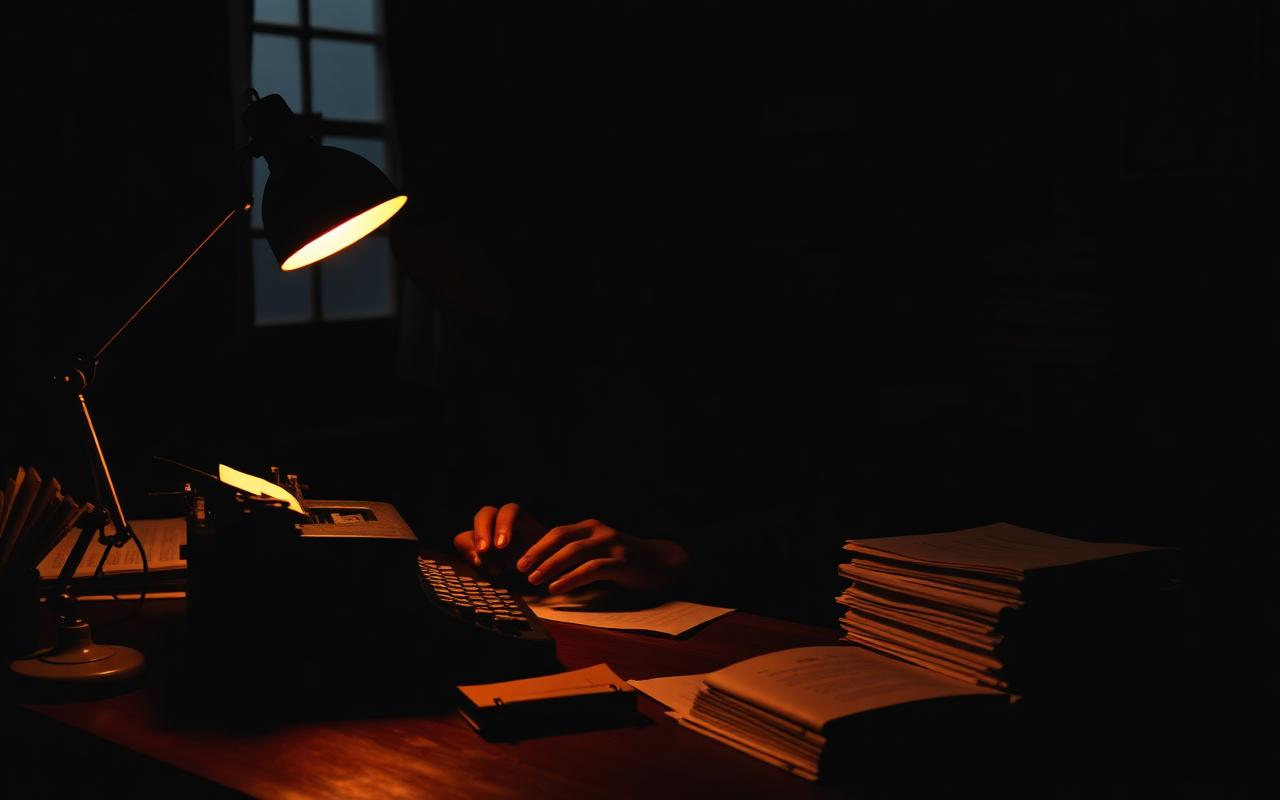 Escritor silhuetado em mesa escura com máquina de escrever vintage e pilhas de manuscrito sob a luz de uma única luminária.