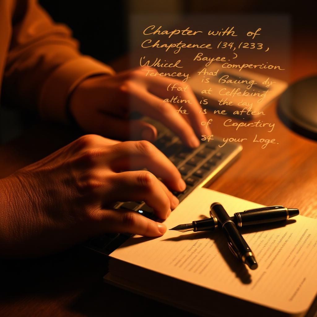 Mãos de escritor sobre teclado com sobreposição translúcida de anotações manuscritas brilhando ao lado de caneta tinteiro sobre caderno.