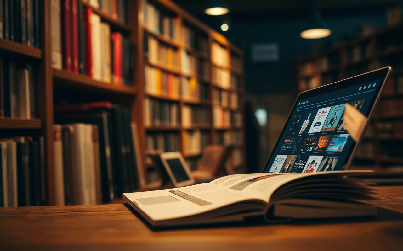 Livros físicos em prateleiras de livraria ao lado de laptop exibindo loja online de livros — o duplo canal de distribuição.