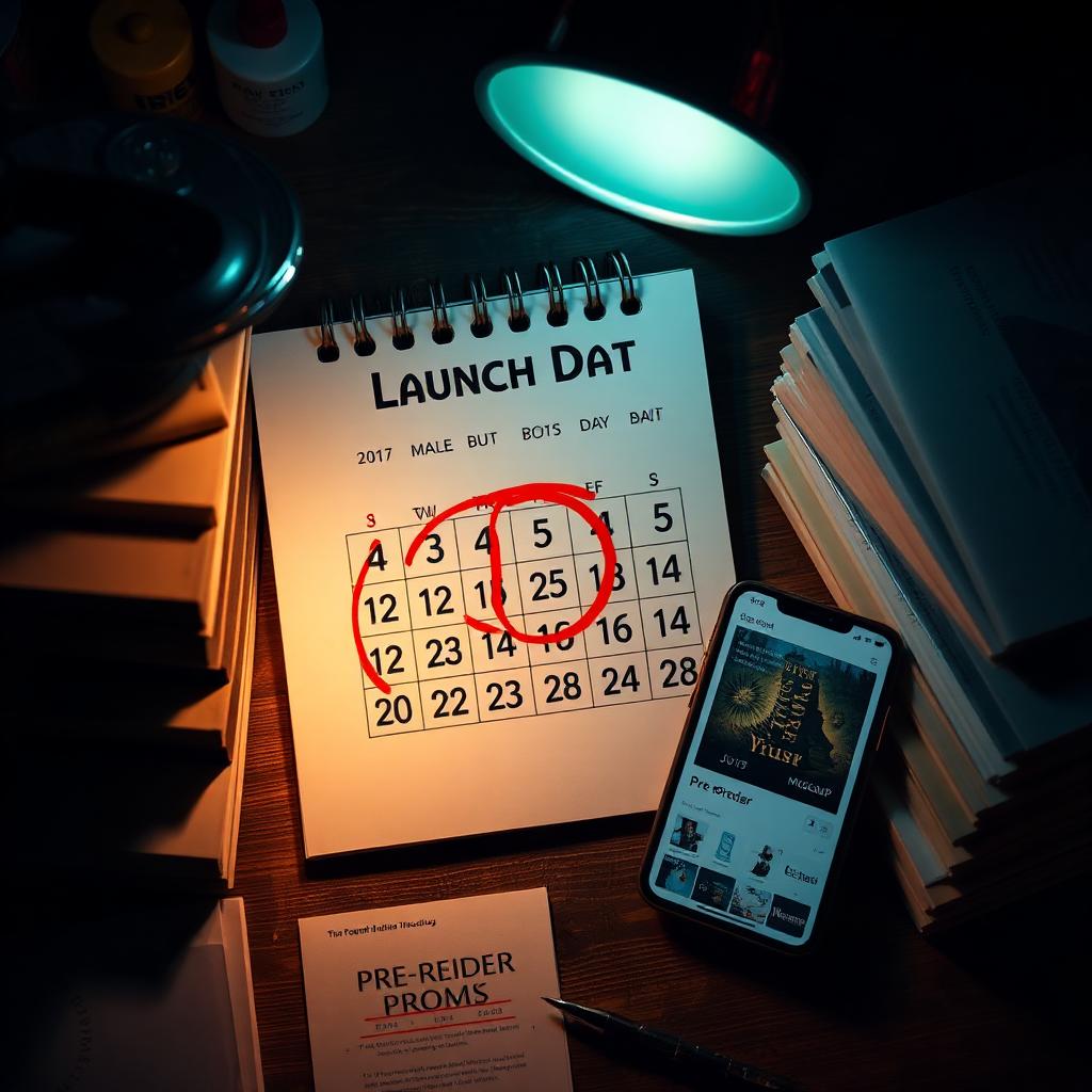 Calendário com data de lançamento circulada em vermelho ao lado de provas de livros empilhadas e smartphone mostrando página de pré-venda, sob luminária de mesa.